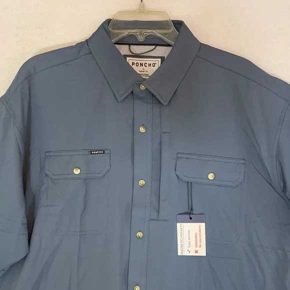 Poncho Shirt Mens XL Blue Grey NEW Fishing Magnetic Pockets Short Sleeve Vented - Picture 2 of 8